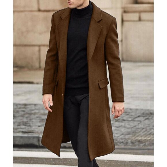✨Men Brown Casual Trench Coat Slim Fit Notched Collar Long Jacket Pea Overcoat - Picture 3 of 6